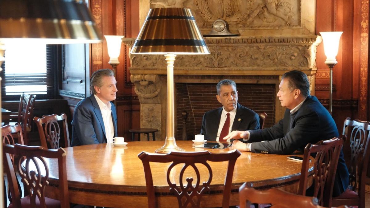 Gov. Gavin Newsom (CA), Sen. Alex Padilla (CA) and CHC Chair Rep. Adriano Espaillat (NY) discuss safeguarding Latino communities from Trump administration abuses.