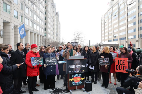 Rep. Espaillat speak in front of protest calling for Secretary Kristi Noem to resign