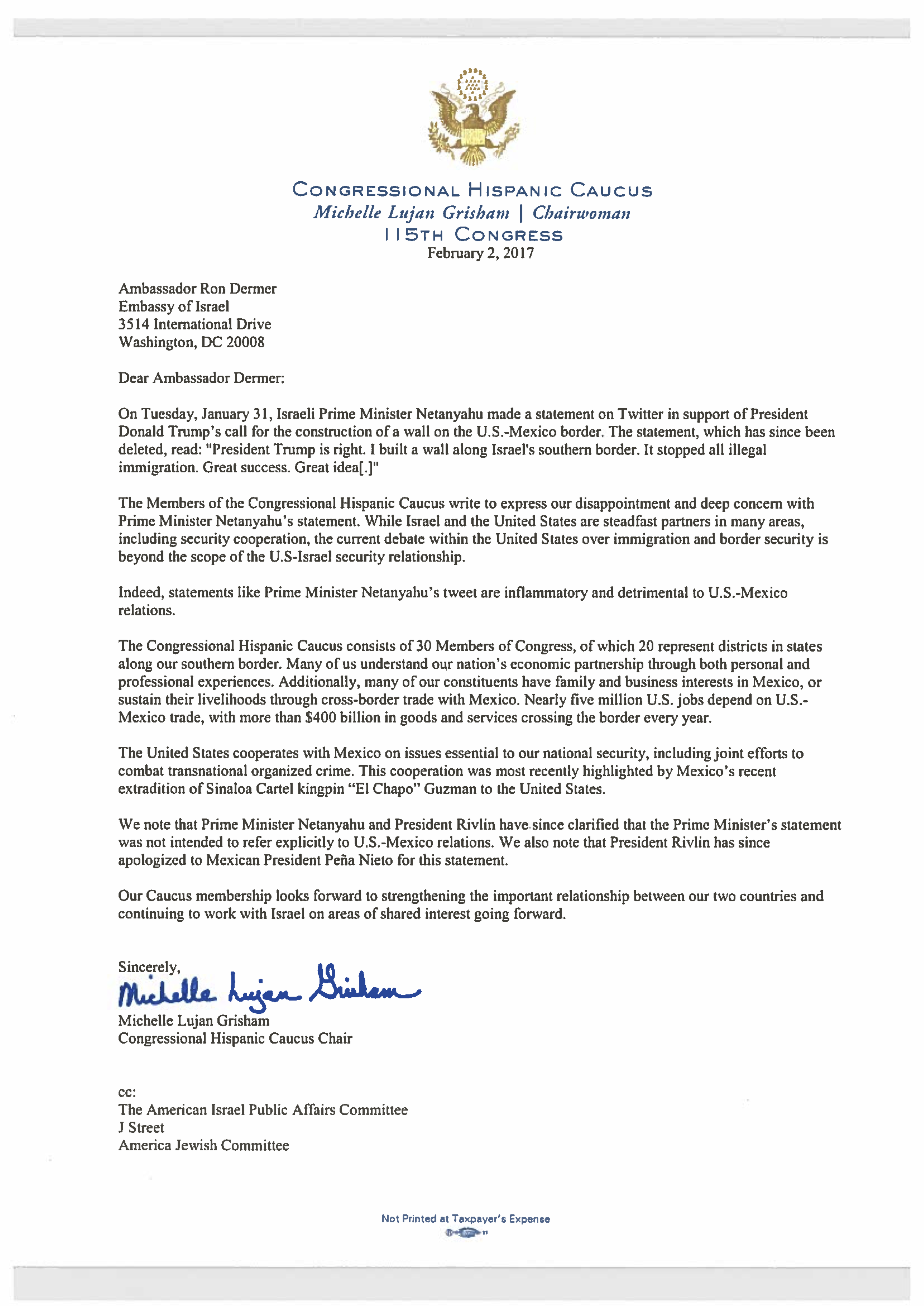 CHC Letter to Israel on Border Wall 