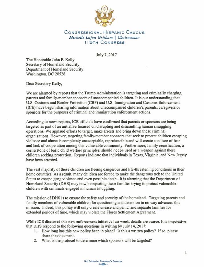 CHC Questions DHS Effort to Target Parents of Unaccompanied Children 1 