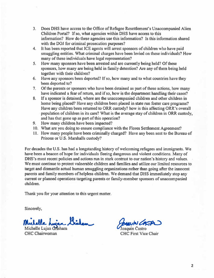 CHC Questions DHS Effort to Target Parents of Unaccompanied Children 2 